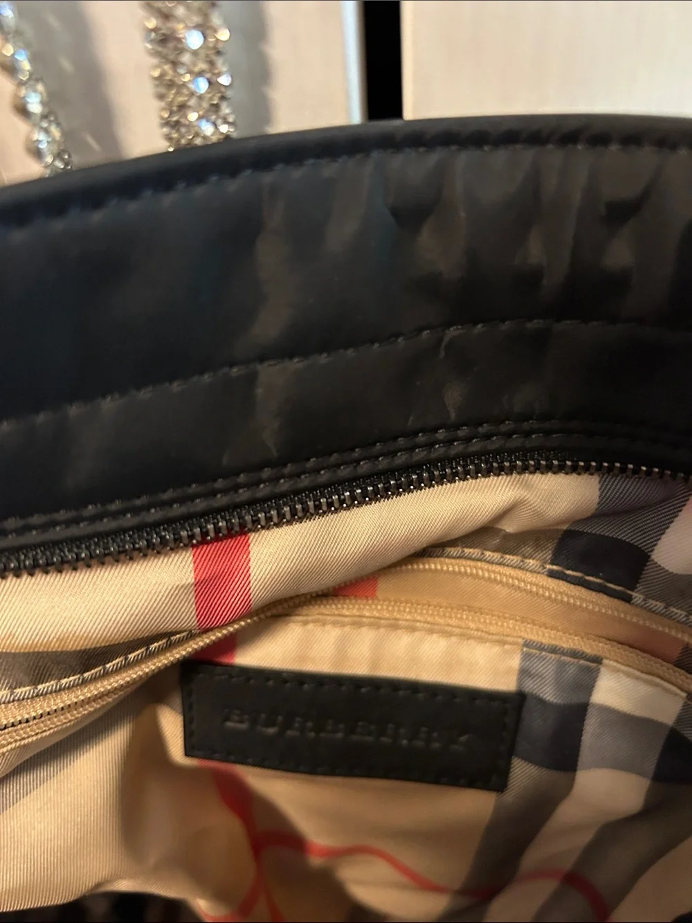 Burberry Magenta Nylon Tote with Black Leather Trim